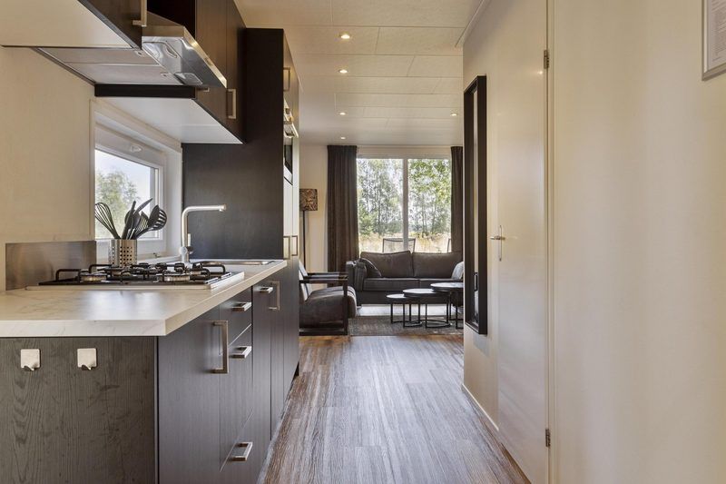 Keuken en woonkamer van Module Wood 5 personen vakantieaccommodatie in Ede Veluwe met uitzicht op natuur.