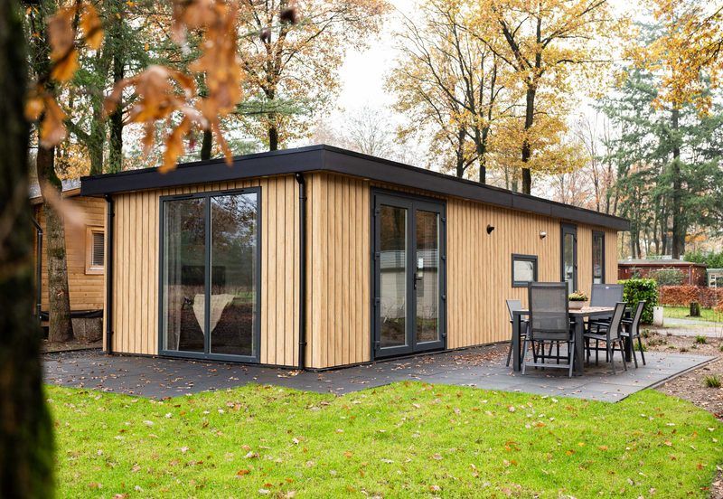 Module Wood 4 persons vacation home in Ede, Veluwe with modern wooden exterior and terrace in natural surroundings.