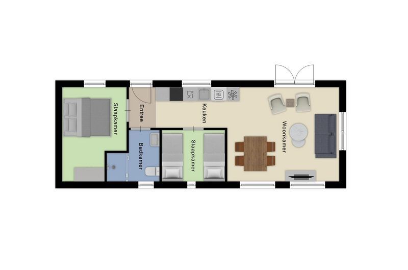 Floor plan of Module Wood 4 person vacation home in Ede, Veluwe with two bedrooms, kitchen and living room.