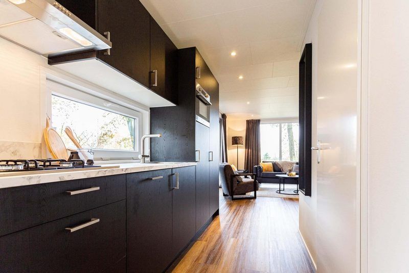 Modern kitchen in Module Wood 4 persons vacation home in Ede, Veluwe with luxurious furnishings and views of the living room.