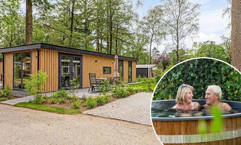 Modul Holz 4 Personen Wellness in Ede, Veluwe, Ferienwohnung mit Whirlpool, umgeben von Natur.