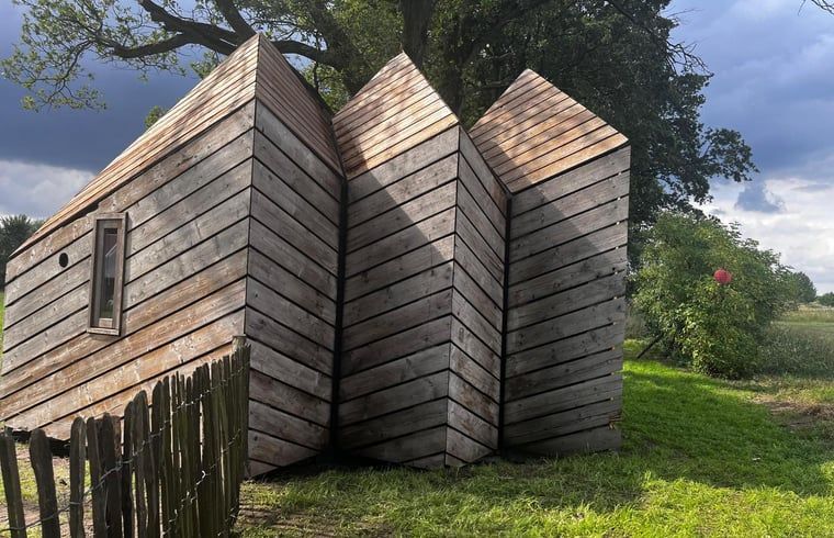 Einzigartig gestaltetes Aeusseres eines Ferienhauses in Ede, Veluwe, mit Holzpaneelen.
