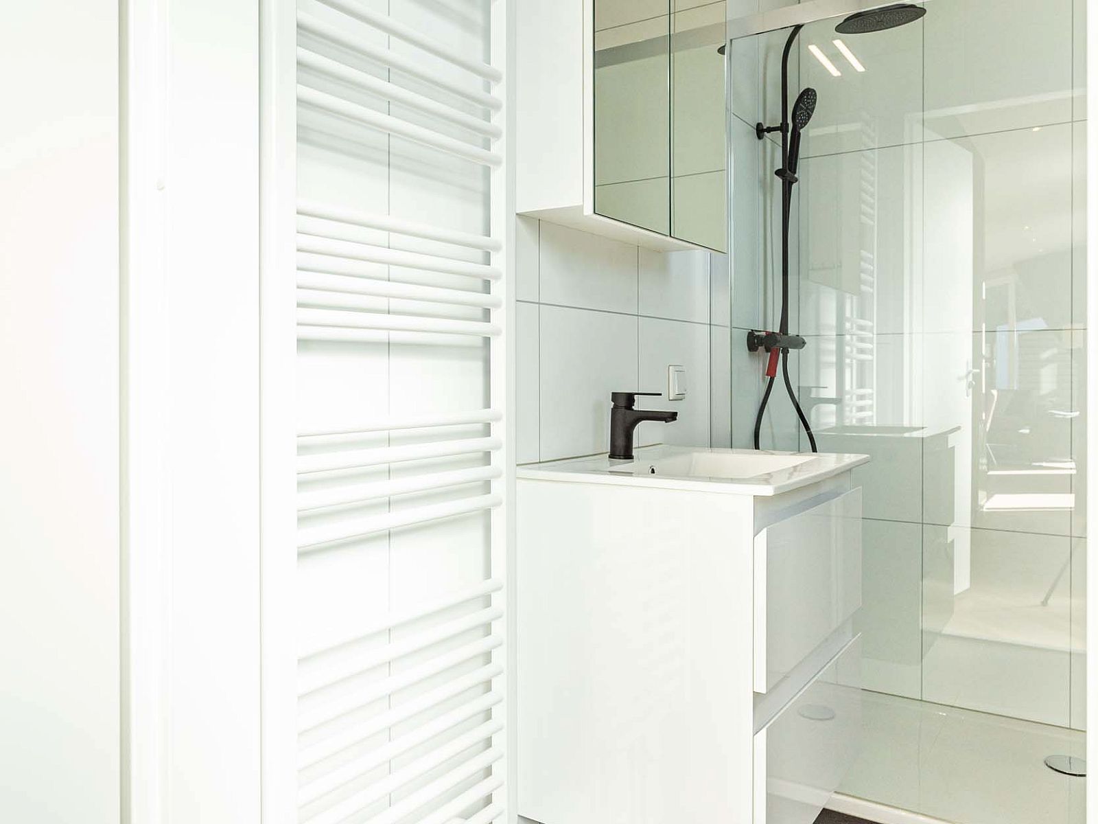 Modernes Badezimmer in Boslodge Silva, Ferienunterkunft in Ede, Veluwe, Gelderland.