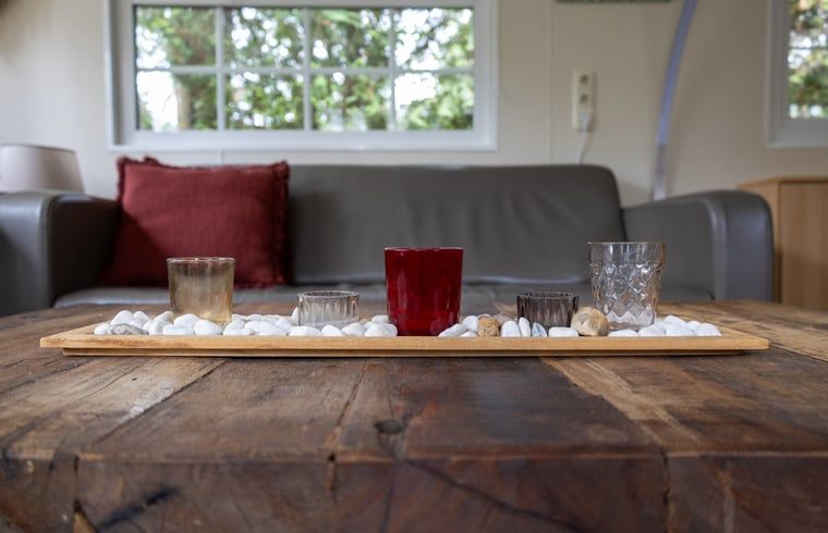 Detail of the coffee table in Holiday Home in Emst, Gelderland, with decorative candles.