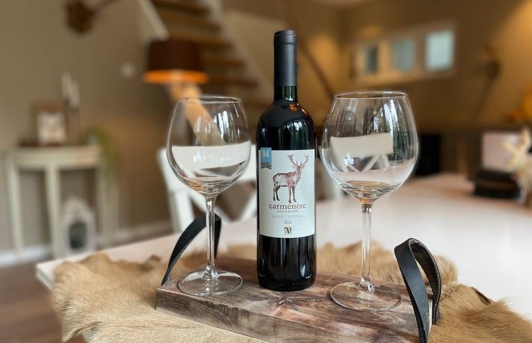 Eine Flasche Wein im Essbereich des Ferienhauses in Emst, Veluwe, Gelderland.