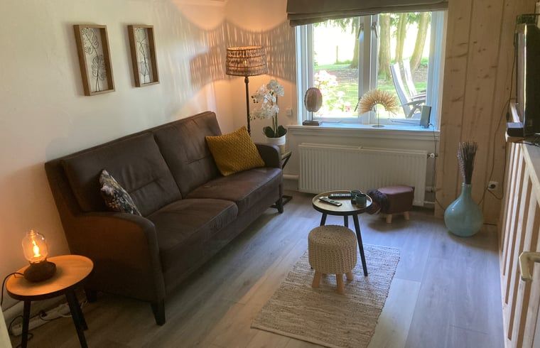 Gezellige woonkamer in Vakantiehuisje in Emst met uitzicht op de tuin, Veluwe, Gelderland.