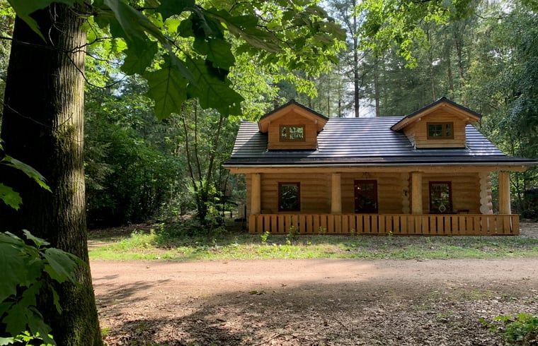 Ferienhaus in Emst, Veluwe, Gelderland, umgeben von ueppiger Natur, bietet einen rustikalen Aufenthalt in einem charmanten Holzhaeuschen.