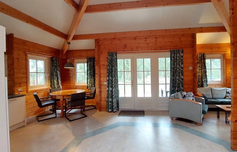 Ruime binnenruimte van Huisje in Ermelo met houten interieur en veel daglicht, ideaal voor een ontspannen verblijf.