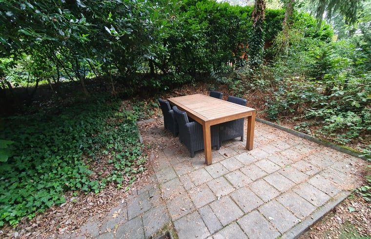 Aussenterrasse im Ferienhaus in Ermelo, Veluwe, umgeben von gruener Natur.