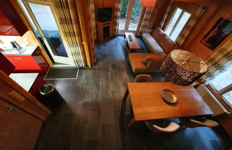 Ueberblick ueber Wohnzimmer und Kueche im Ferienhaus in Ermelo, Veluwe, mit offener Raumaufteilung.