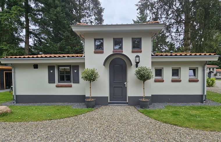 Charmantes Ferienhaus in Ermelo, Veluwe, Gelderland, umgeben von Natur mit einem einladenden Eingang und rustikaler Architektur.