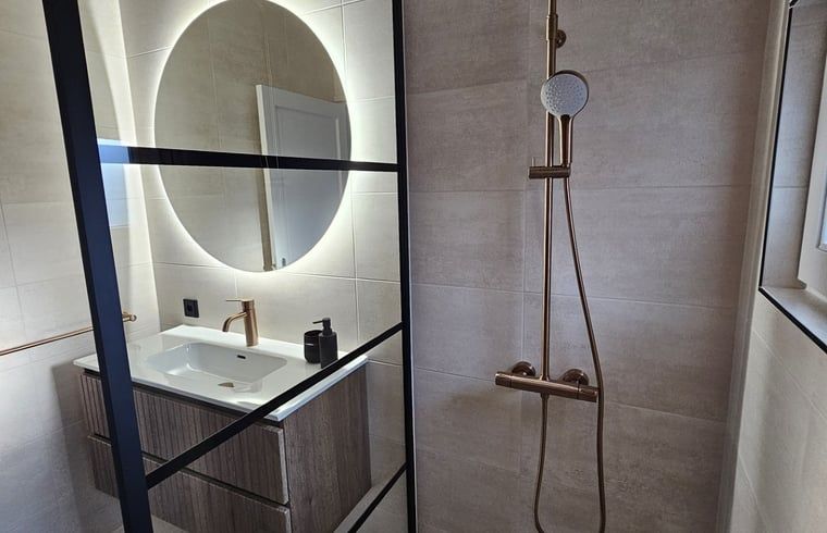 Modernes Badezimmer im Ferienhaus in Ermelo, Veluwe, mit stilvoller Dusche und Waschbecken im Luxus-Ferienhaus in Gelderland.