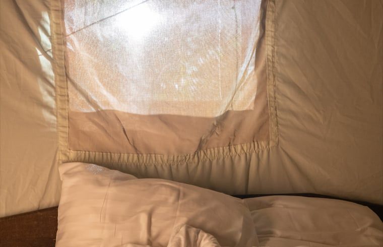 Zonlicht in slaapkamer van Huisje in Ermelo, vakantiehuis op de Veluwe, Gelderland.