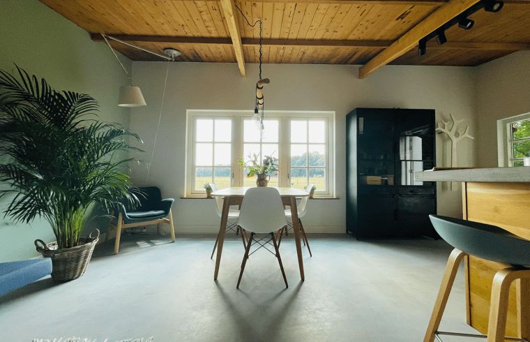Helles Wohnzimmer mit Aussicht in Ferienhaus in Ermelo, Veluwe, Gelderland.