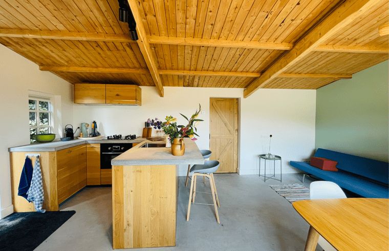 Offene Kueche und Wohnzimmer im Ferienhaus in Ermelo, Veluwe, Gelderland.