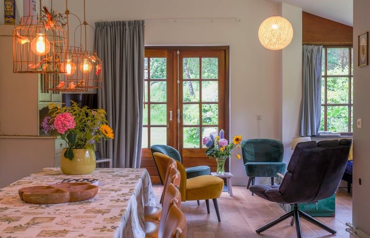 Gezellige woonkamer in Huisje in Ermelo, Veluwe, met kleurrijke stoelen en uitzicht op de natuur in Gelderland.