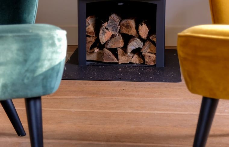 Gezellige binnenruimte van Huisje in Ermelo op de Veluwe, Gelderland, met een sfeervolle open haard en comfortabele stoelen.