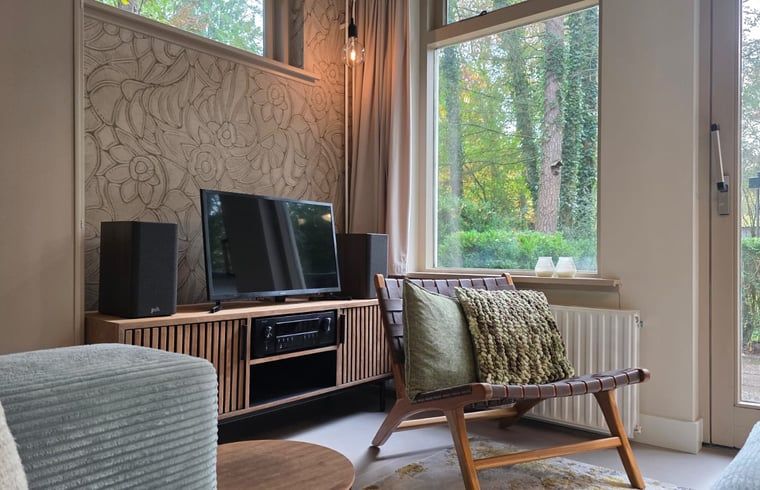 Gezellige woonkamer in Vakantiehuis in Hoenderloo, Veluwe, met uitzicht op de groene natuur van Gelderland.