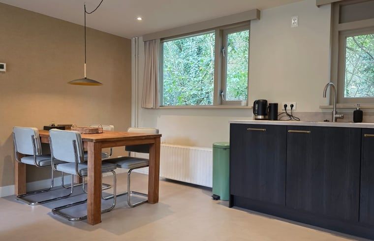 Gezellige binnenruimte van Vakantiehuis in Hoenderloo, Veluwe, met eetgedeelte en keuken, ideaal voor een ontspannen verblijf in Gelderland.