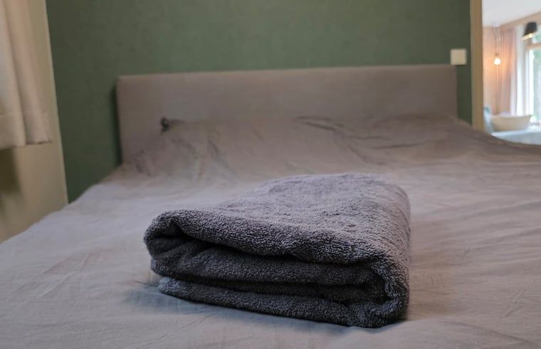 Comfortabele slaapkamer in Vakantiehuis in Hoenderloo op de Veluwe, Gelderland, met een uitnodigend bed en zachte handdoeken.