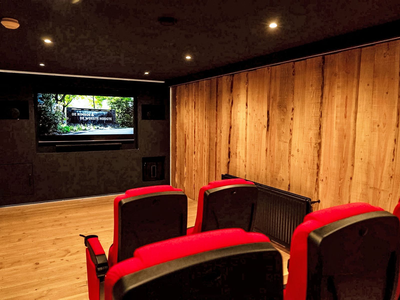 Kinoraum im Ferienhaus Specht, Hoenderloo, Veluwe, Gelderland mit Grossleinwand.