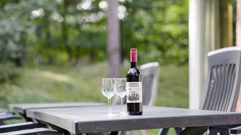 Wijn op buitentafel in de natuur bij Miggelenberg 8-persoons bungalow 8C, Hoenderloo, Veluwe.