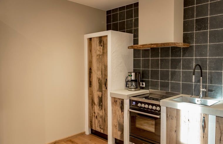 Stijlvolle keukenhoek in Huisje in Hoenderloo, Veluwe, met moderne apparatuur.
