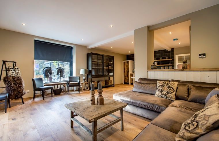Ruime woonkamer in Huisje in Hoenderloo, Veluwe, met comfortabele zithoek.