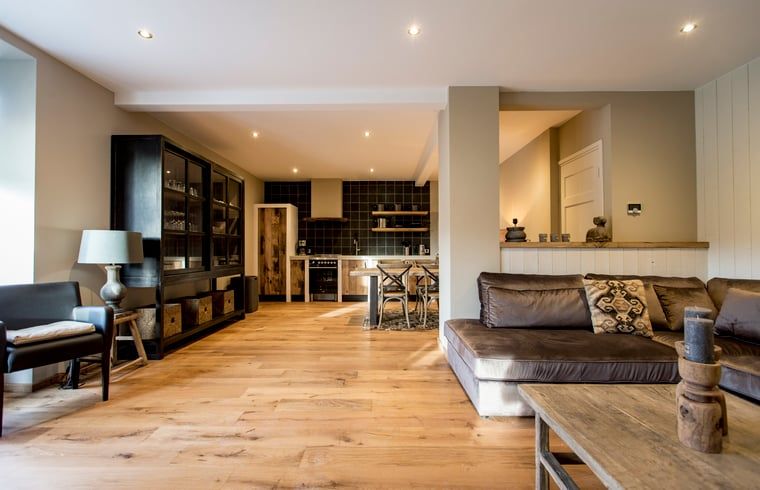 Open woonkamer en keuken in Huisje in Hoenderloo, Veluwe, voor een gezellige sfeer.