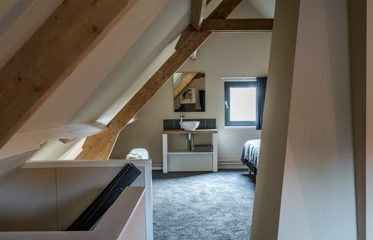 Zolderkamer met uitzicht in Huisje in Hoenderloo, Veluwe, voor een serene sfeer.