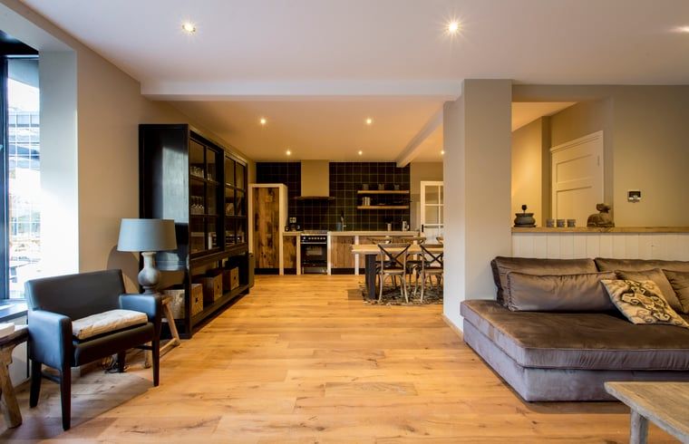 Open leefruimte in Huisje in Hoenderloo, Veluwe, met moderne inrichting.