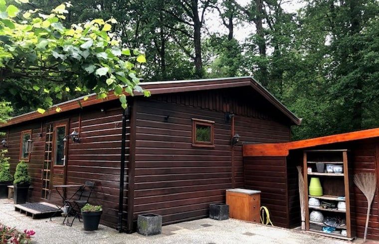 Moderne buitenzijde van Vakantiehuisje in Garderen, Veluwe, met praktische opslagruimte in de bosrijke omgeving van Gelderland.