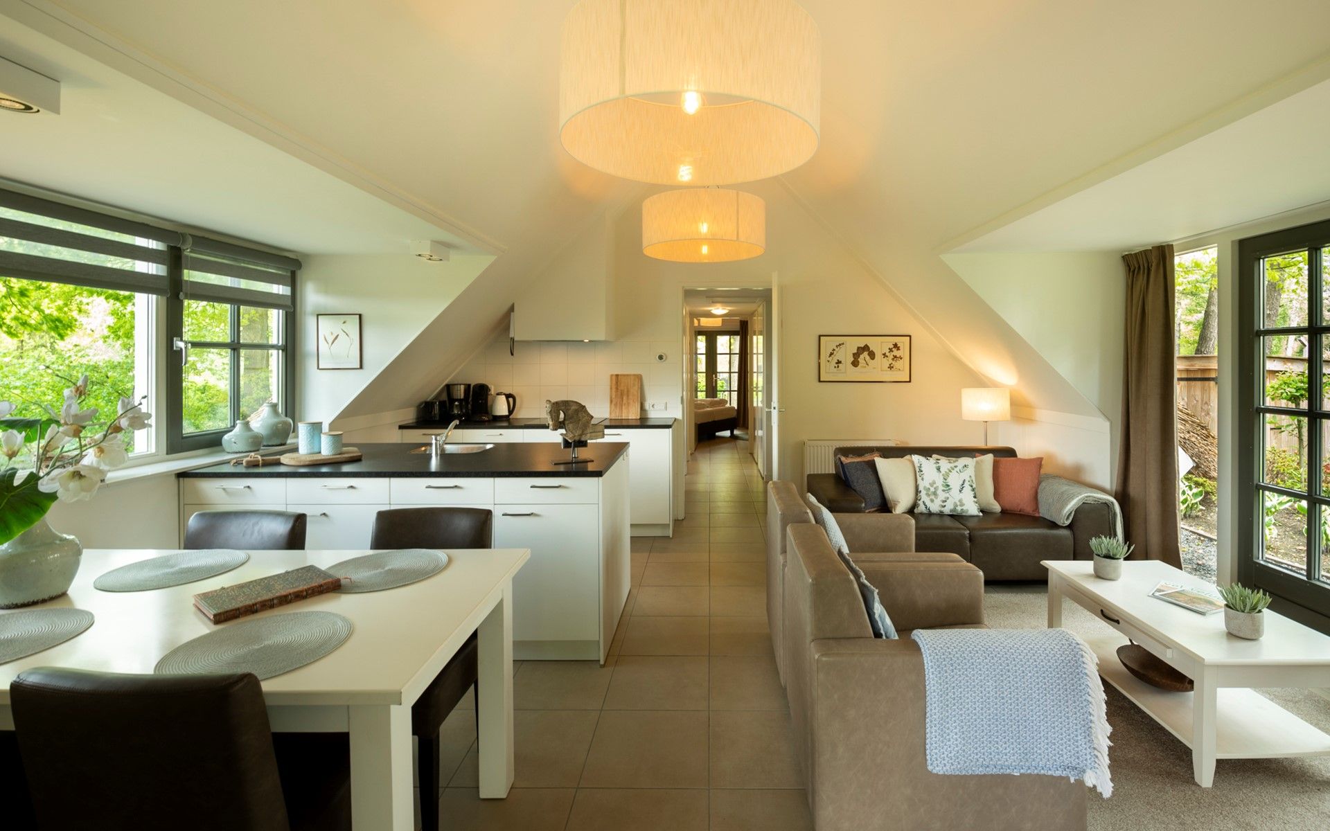 Modern kitchen and living room in Holiday home Sprielderbosch 12 'De Kuifmees', vacation home on the Veluwe in Putten.