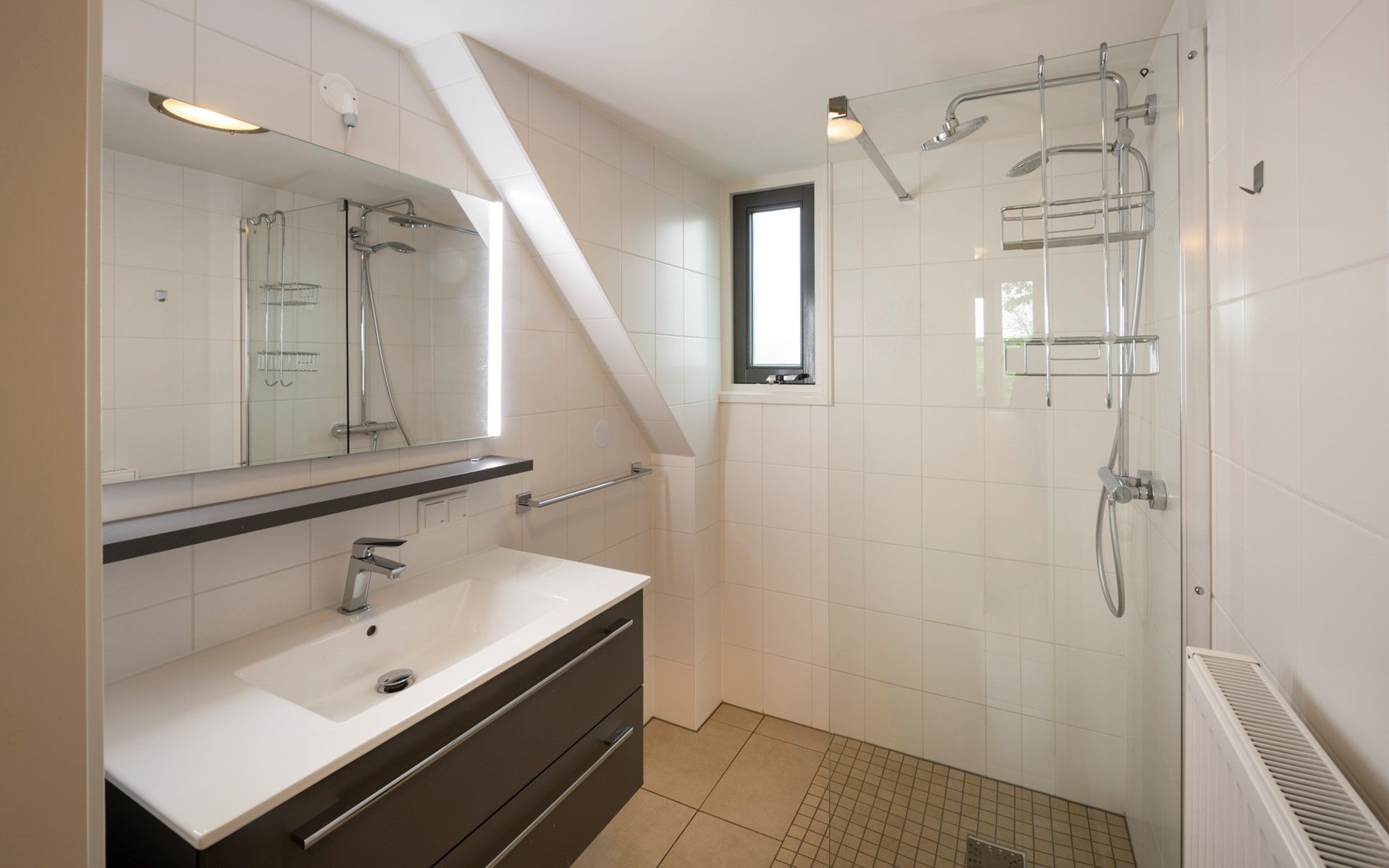 Modern bathroom in Holiday home Sprielderbosch 12 'De Kuifmees', vacation home in Putten, Veluwe, with luxury amenities.