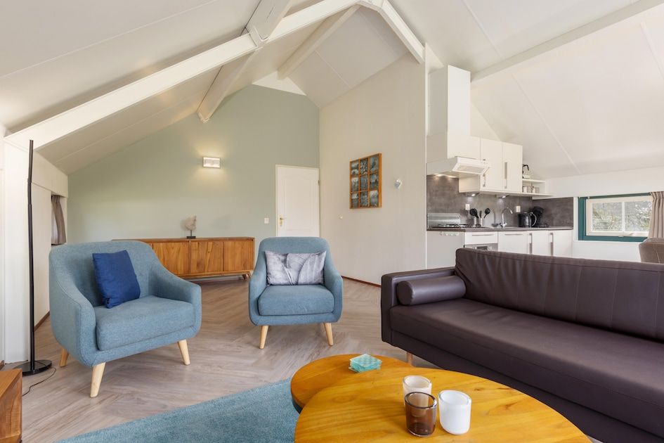 Cozy living room of Veluwse Hoevewoning 4 in Putten, Veluwe, Gelderland with modern furnishings and open kitchen.