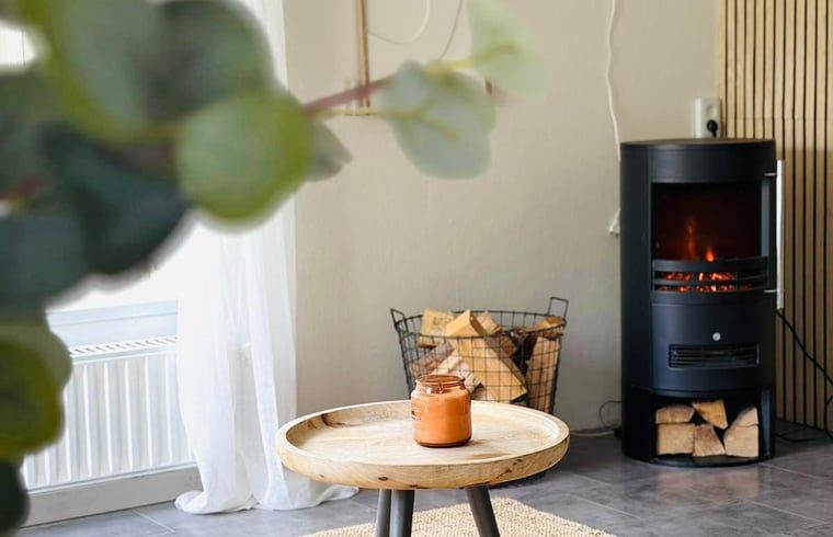 Gemuetlicher Innenbereich des Ferienhauses in Putten, Veluwe, Gelderland, mit moderner Einrichtung und Blick auf den gruenen Garten.