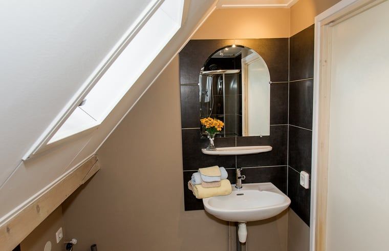 Bathroom with sink and mirror in Holiday cottage in Wezep Oldebroek, Veluwe, Gelderland.