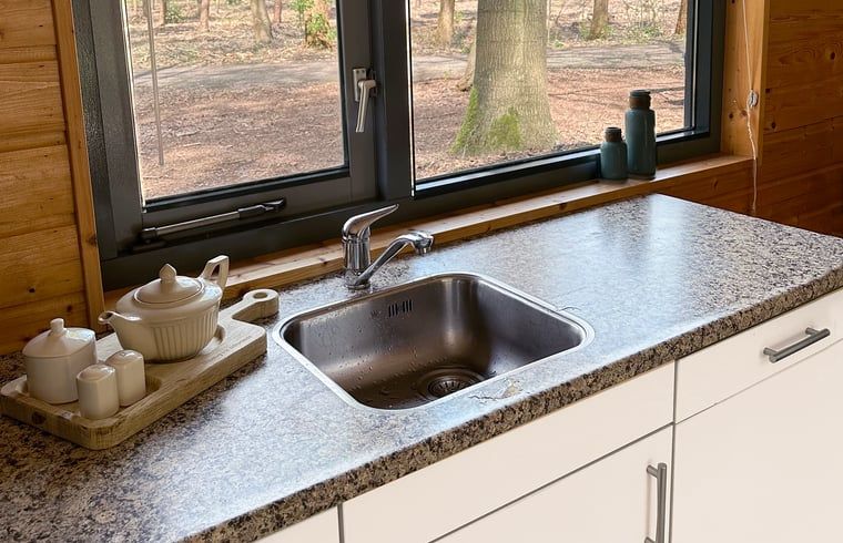 Keukenraam met uitzicht op de natuur in Vakantiehuis in Voorthuizen, Veluwe. Geniet van de groene omgeving tijdens het koken.