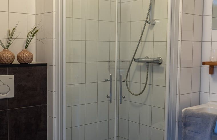 Stijlvolle badkamer met glazen douche in Vakantiehuis in Voorthuizen Veluwe.