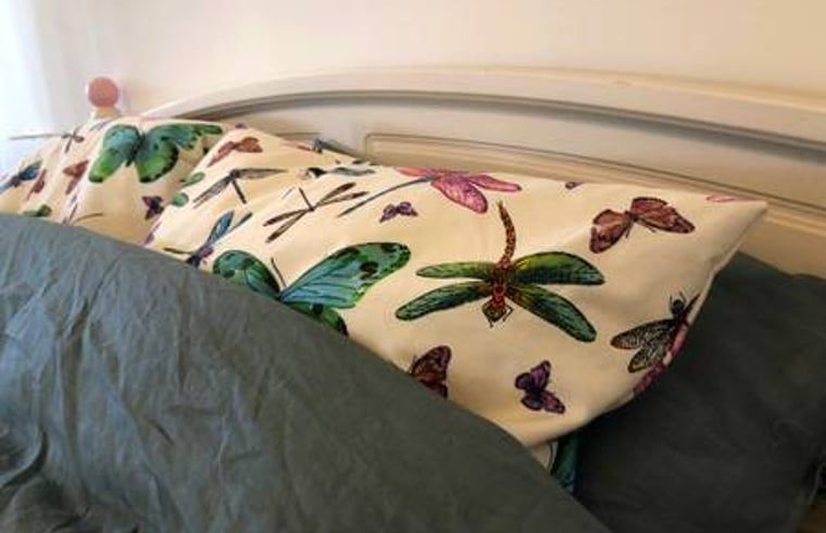 Gezellige slaapkamer in vakantiehuis in Hulshorst met kleurrijke kussens, Veluwe, Gelderland.