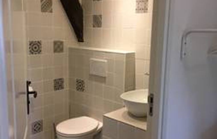 Stijlvolle badkamer in vakantiehuis in Hulshorst met moderne tegels, Veluwe, Gelderland.