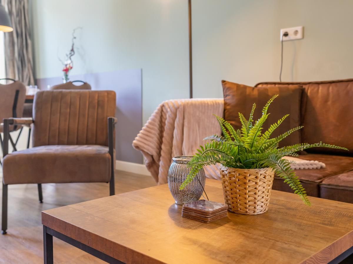 Gemuetliche Sitzecke im Ferienhaus Pimpelmees in Hulshorst, Veluwe mit dekorativen Pflanzen.