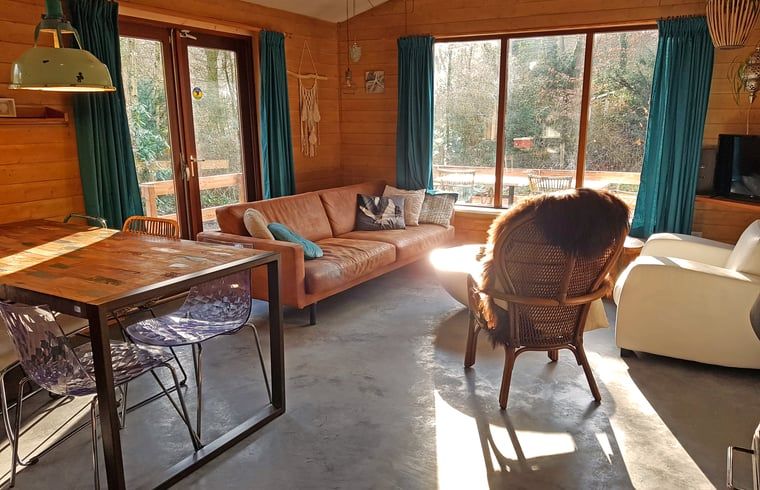 Aussenbereich von Cottage in Otterlo, Ferienhaus in Veluwe, Gelderland mit gruenem Garten und Haengematte.