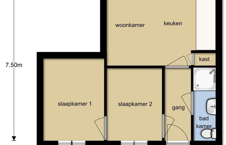Plattegrond van Vakantiehuis in Otterlo, Veluwe, toont indeling van slaapkamers, keuken en woonkamer.
