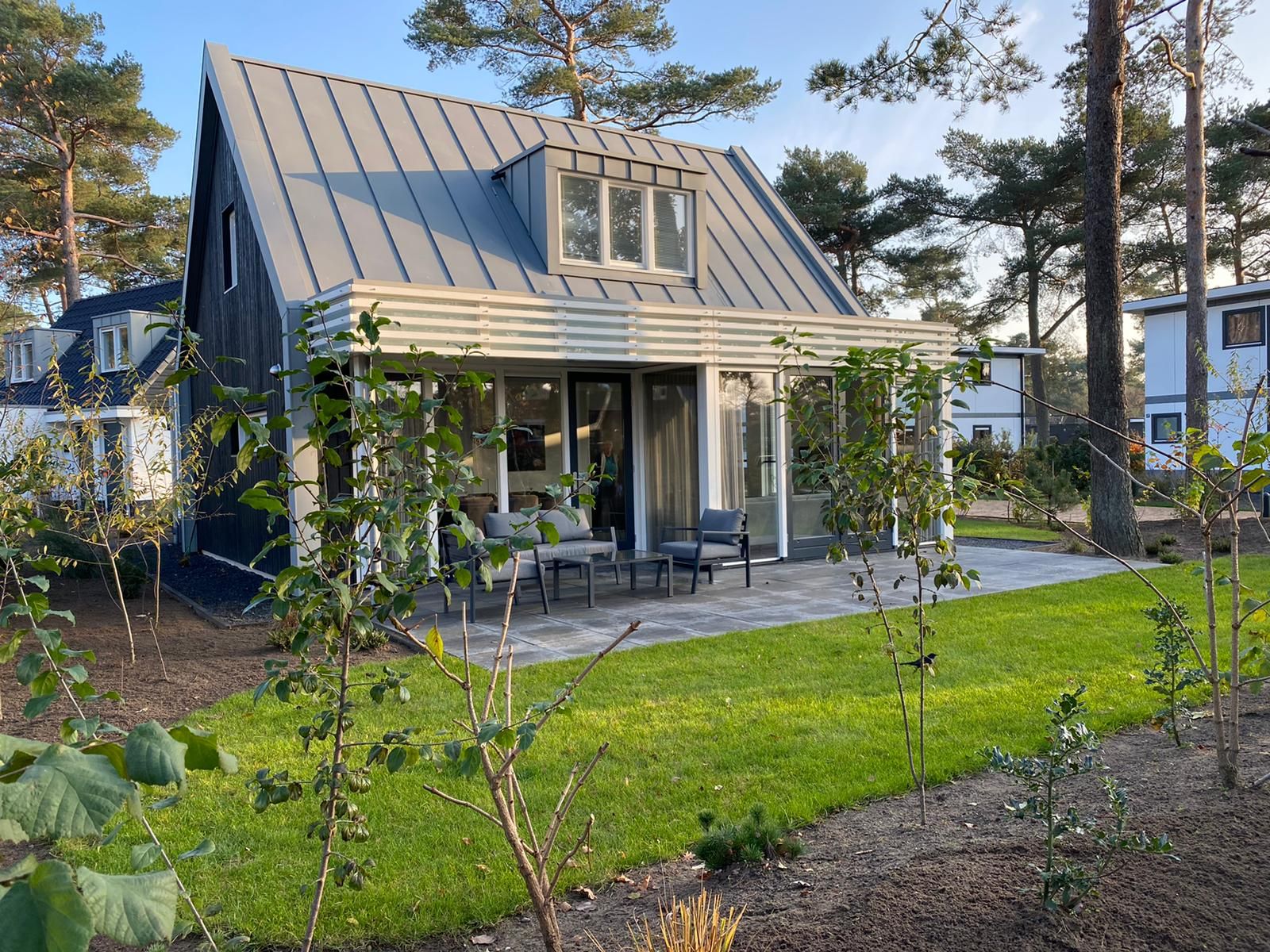 Beach Villa Sauna 6 in Otterlo, Veluwe, Ferienhaus mit moderner Terrasse, umgeben von gruener Natur.