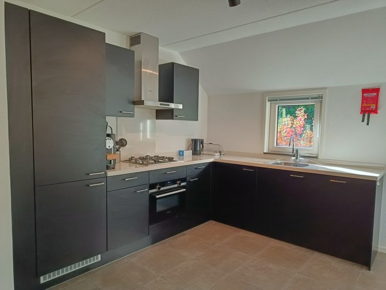 Moderne keuken van Vakantiehuis Geheim van Otterlo 6 in Otterlo, Veluwe, Gelderland met uitzicht op de natuur.