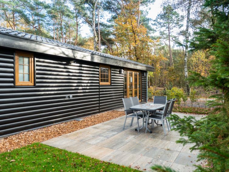 Ruim terras bij Vakantiehuis Boekhorst 5, Otterlo, Veluwe, ideaal voor buiten dineren en ontspannen in de natuur.