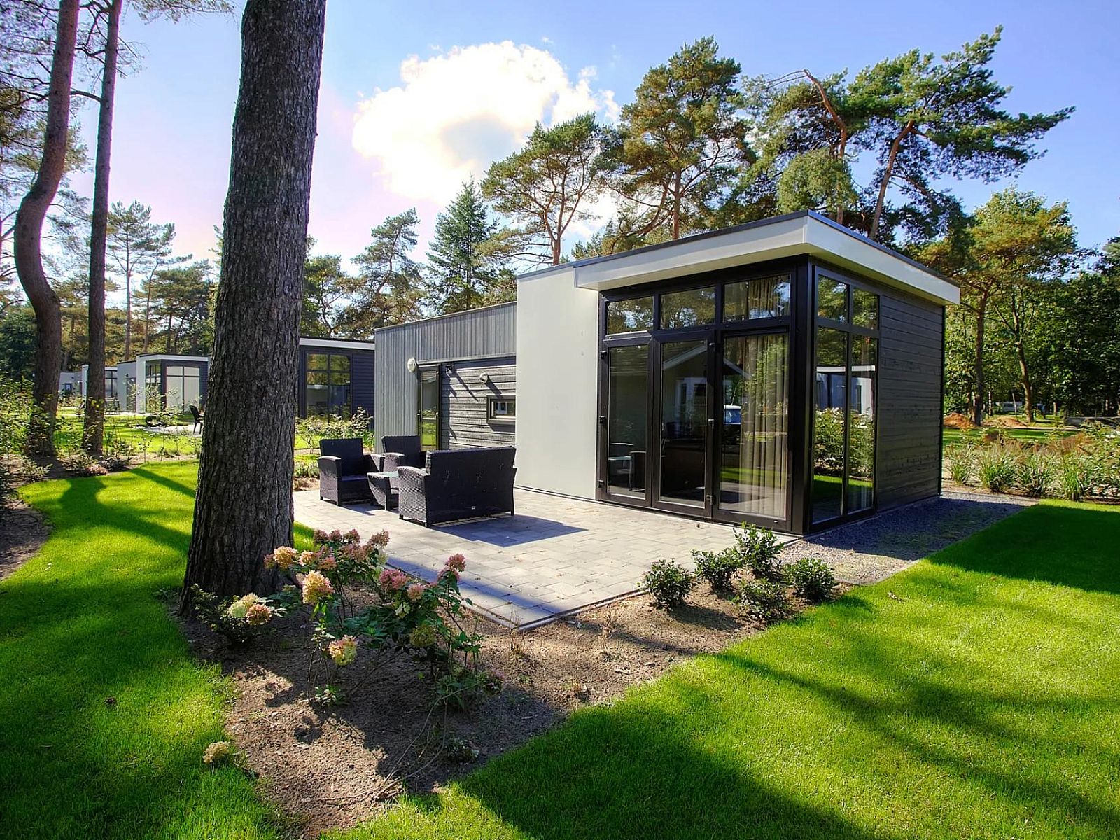 Cube la Mer 4 vakantiehuis in Otterlo, Veluwe. Geniet van het terras omringd door groene natuur en serene bosomgeving.