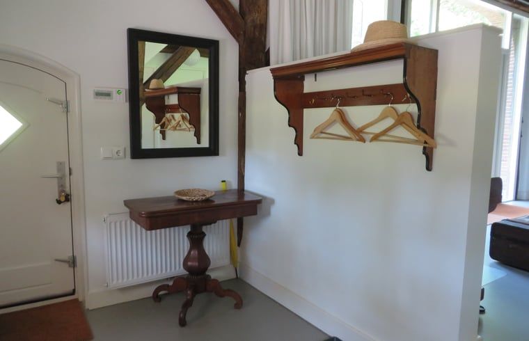 Stijlvolle binnenruimte van Vakantiehuis in Epe, gelegen in de Veluwe, Gelderland, met een elegante houten tafel en spiegel.