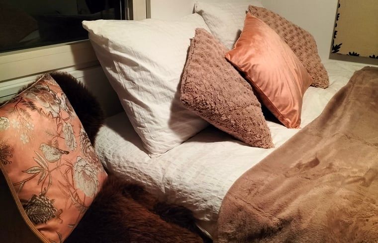 Comfortabele slaapkamer in Vakantiehuis in Epe, Veluwe, Gelderland met zachte kussens en warme dekens.